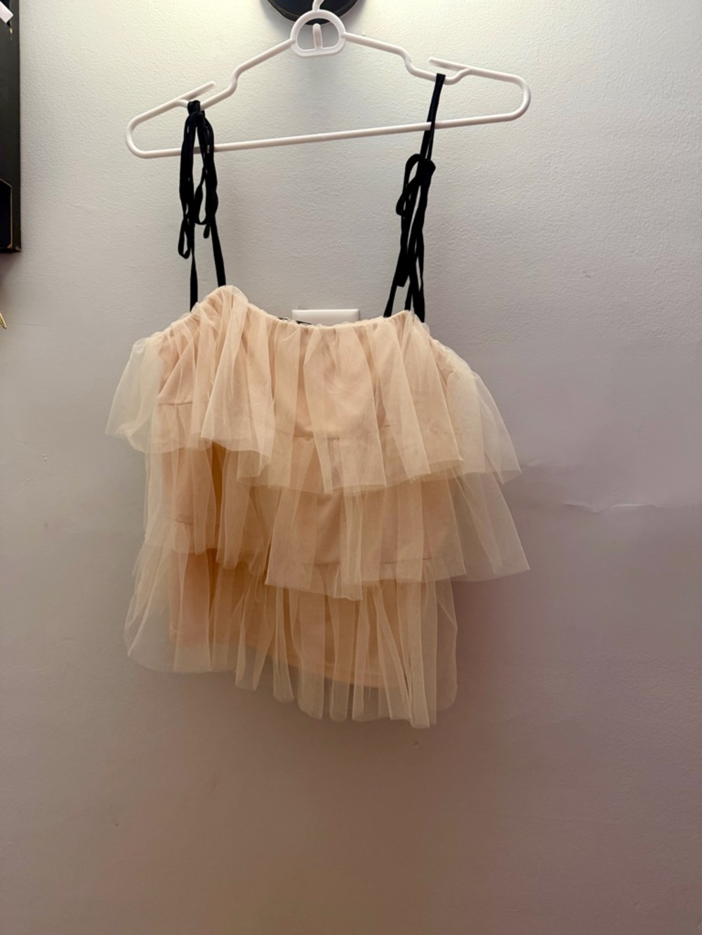 Sunday in Brooklyn Cream Tiered Tulle Tank with Black Tie Straps